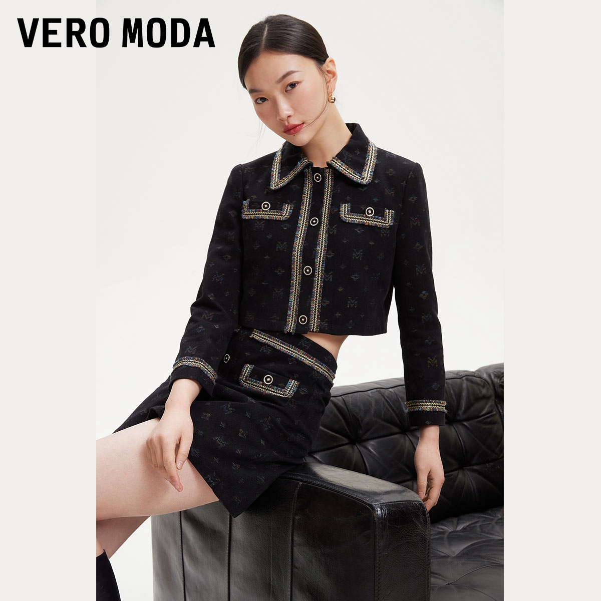 Vero Moda牛仔外套短裙套装女春季短款七分袖小香风气质32