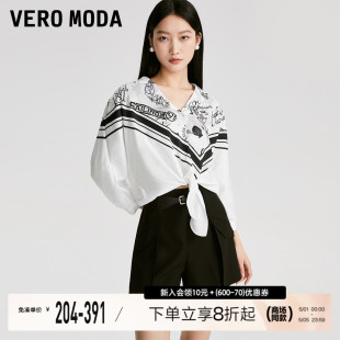 Vero 女2023春夏新款 Moda衬衫 印花蝙蝠袖 航海风V领宽松七分袖