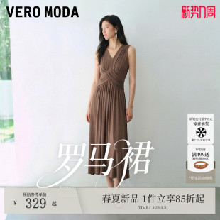 无袖 VeroModa连衣裙女26夏季 V领捏褶收腰通勤长裙优雅 罗马裙