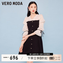 Vero Moda连衣裙2024春夏新款浪漫度假黑白拼接V领七分袖短裙女