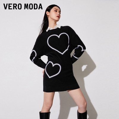 Vero Moda针织毛衣连衣裙2023早秋新款纯色短裙直筒长袖圆领简约