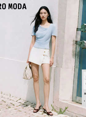 Vero ModaT恤女2026夏秋新款含莱赛尔不对称领口压褶短袖上衣百搭