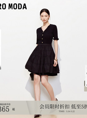 VeroModa连衣裙女26春季新款V领拼接百褶A摆蓬蓬裙显瘦优雅短裙