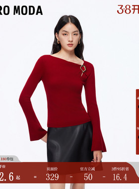 VeroModa针织衫女2025冬季新含羊毛喇叭袖修身斜领红色毛衣千金风