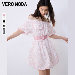 Vero Moda连衣裙2023秋冬新款可爱少女心形印花一字领蓬蓬裙女