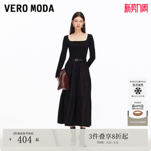 Vero Moda连衣裙女2026春夏百搭淑女风收腰拼接A字裙中长裙