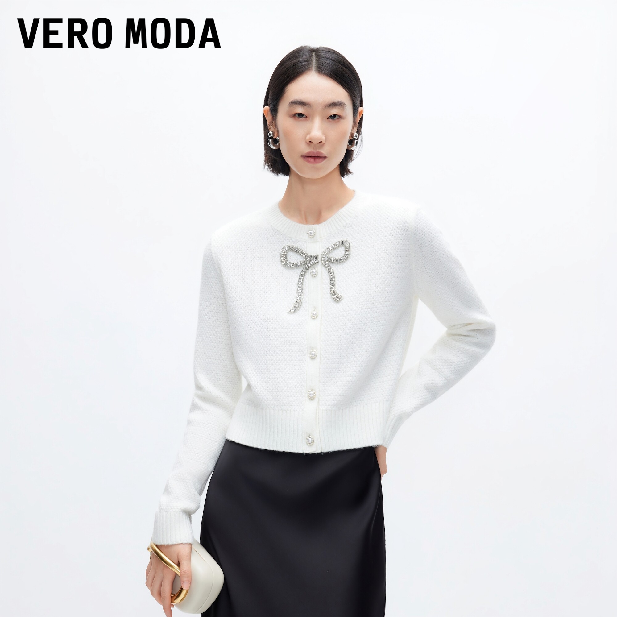 Vero Moda针织衫女2026秋冬新款含绵羊毛蝴蝶结细闪珠扣正肩上衣