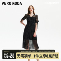 Vero Moda【轻盈裙】连衣裙2024春夏新款复古优雅小波点压褶系带