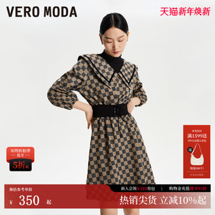 收腰翻领格纹七分袖 新款 拼接325461005 Moda连衣裙2026春季 Vero