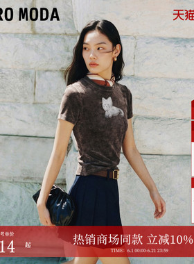 Vero ModaT恤女2026夏秋萌宠小猫印花丝绒纯色圆领短袖326201094