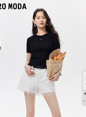Vero Moda牛仔裤女2026夏季新款纯棉金属纽扣蕾丝边明线做旧短裤