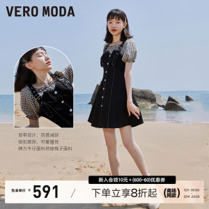 Vero Moda连衣裙秋冬新款假两件短袖牛仔拼接收腰女