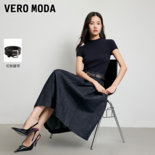 Vero Moda连衣裙2026秋季新款腰带半高领拼接短袖长裙326342011