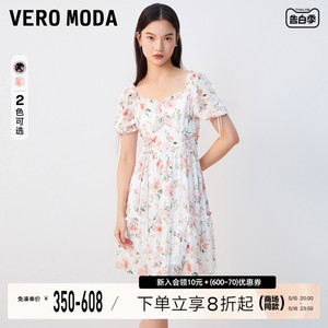 Vero Moda连衣裙2023秋冬新款花朵波点植绒绑带木耳边泡泡袖拉链