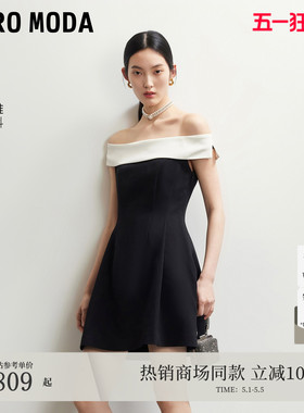 Vero Moda连衣裙2026夏季新款含醋纤撞色一字肩小黑裙32627A012