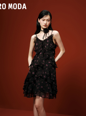 Vero Moda连衣裙秋冬千金风甜美荷叶边系带碎花吊带裙32427A040