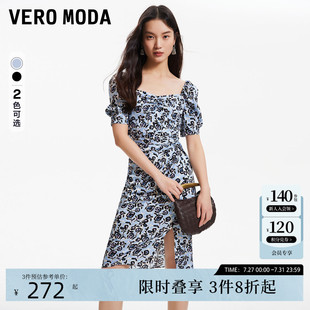 方领优雅 Vero Moda连衣裙2024春季 新款 雪纺玫瑰印花直筒泡泡袖
