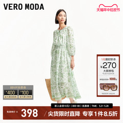 Vero Moda连衣裙2024早春新款休闲度假印花收腰七分袖长裙女