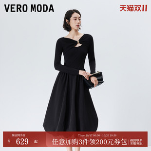 Vero Moda连衣裙26秋冬新款收腰镂空领伯克利高知温柔A字花苞长裙