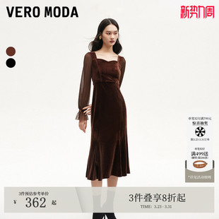 Moda连衣裙秋冬千金风天鹅绒薄纱鱼尾长裙钻石领 Vero 爆款