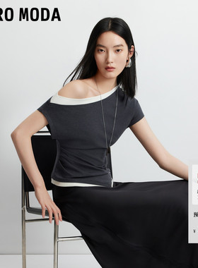 Vero ModaT恤女2026夏秋新款撞色拼接斜肩金属装饰短袖3263T1001