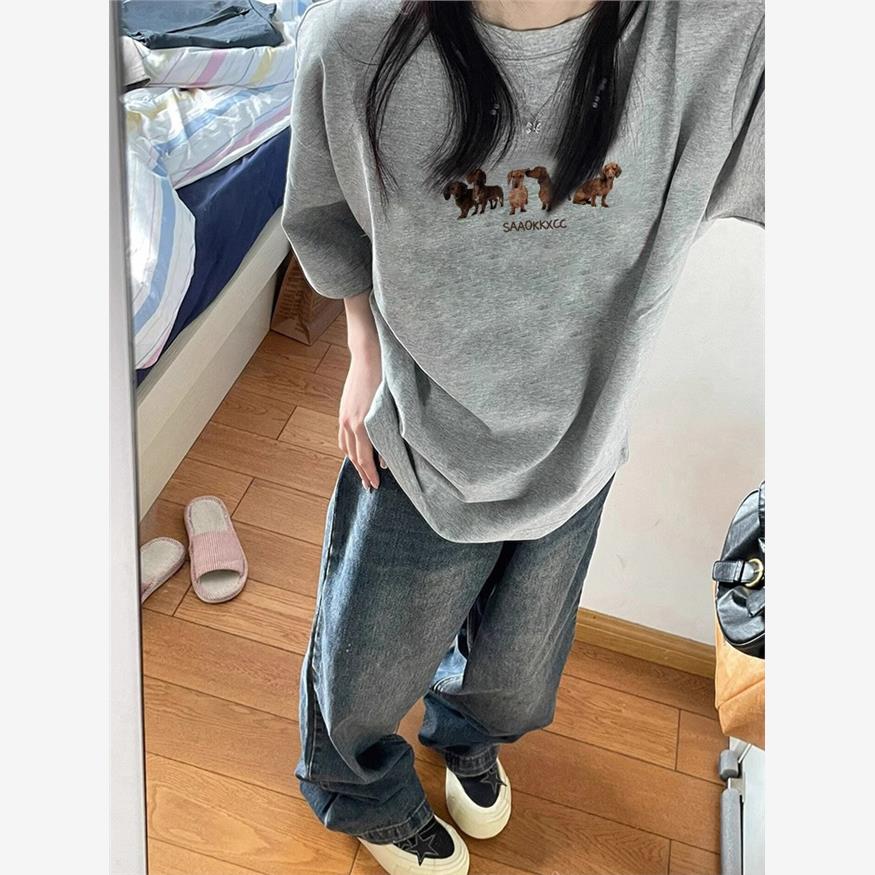 夏季纯棉短袖t恤女2025新款大码正肩美式宽松潮牌高级感半袖上衣