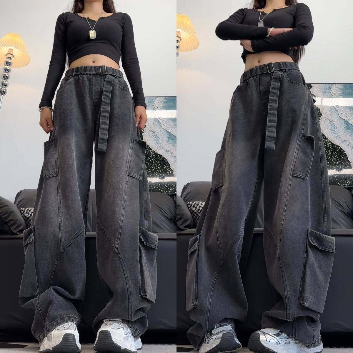 美式工装牛仔裤女2026新款春秋复古小个子梨形身材宽松弯刀阔腿裤
