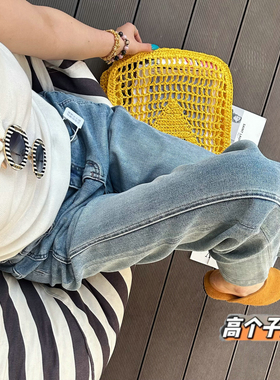 猫猫家加长女裤四面弹力蓝色阔腿牛仔裤女高腰宽松显瘦拖地直筒裤