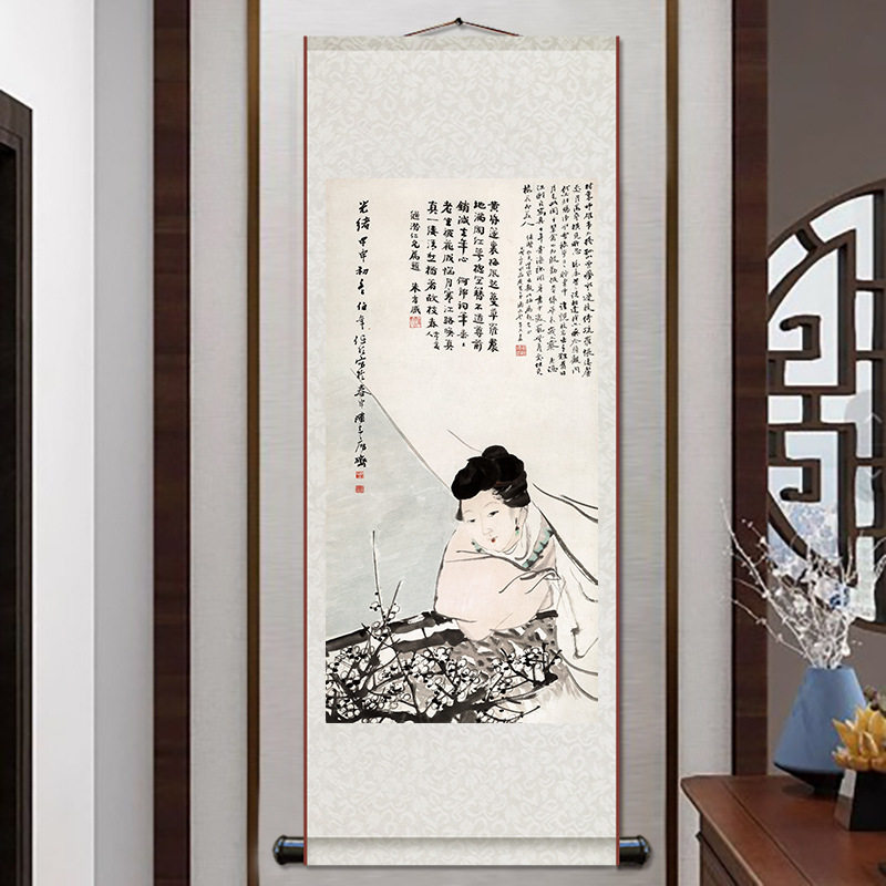 梅花仕女图蜀葵宣花图新中式国画山水花鸟画丝绸卷轴挂画书房