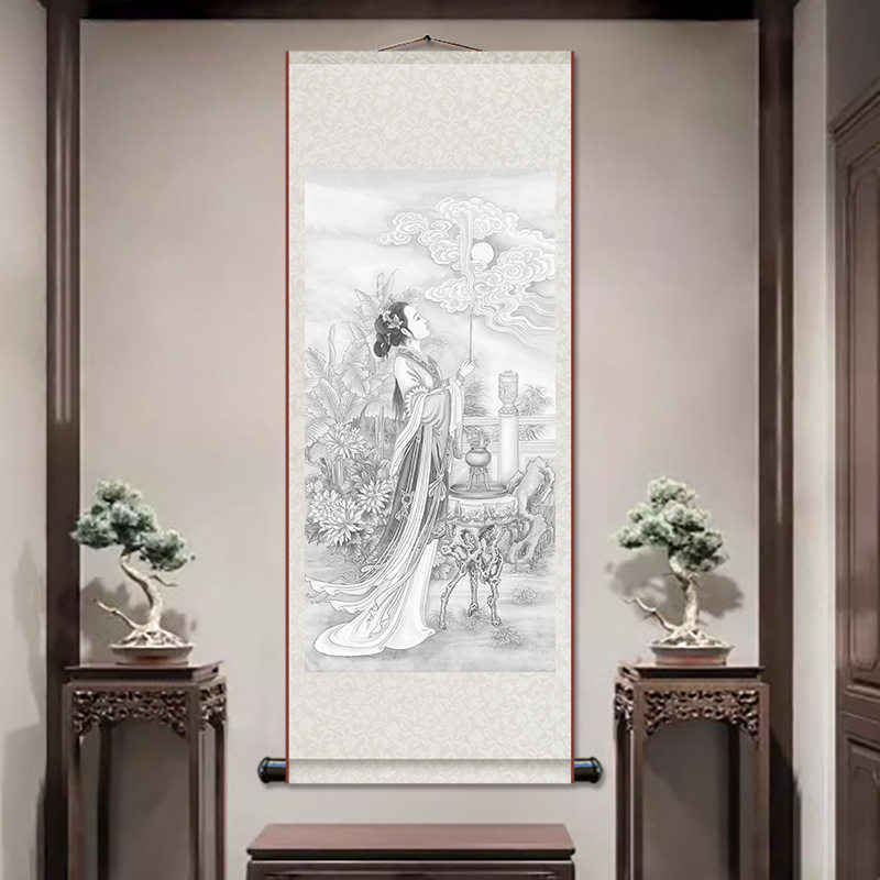 貂蝉望月古代美女国画中式复古仕女美女卷轴挂画丝绸画