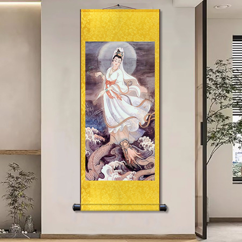 持柳菩萨画像滴水观世音佛像画佛堂丝绸卷轴挂画书法玄关