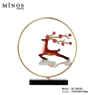 现代简约门厅玄关梅花鹿摆设客厅风水铜小鹿中式抽象水晶假山摆件