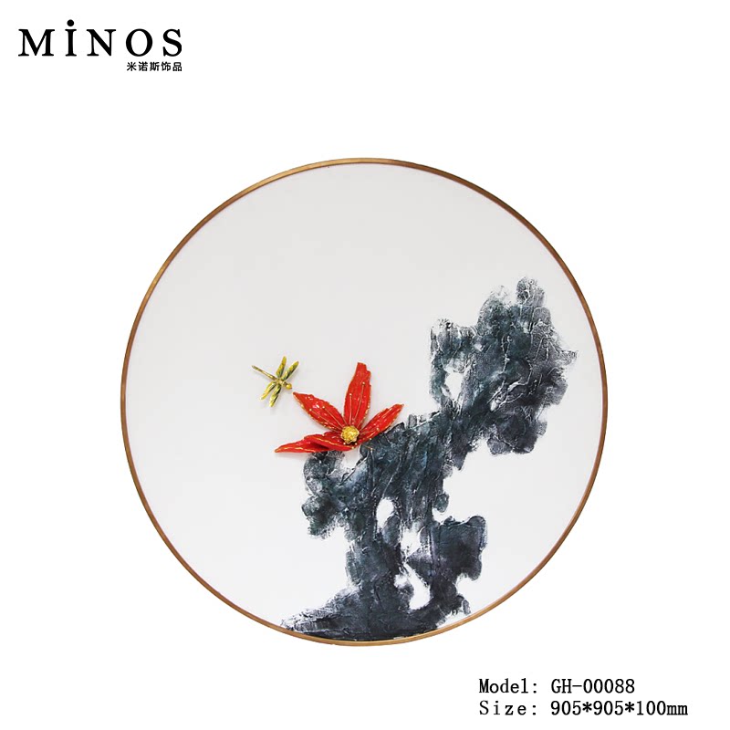 新中式入户玄关装饰画油画客厅背景墙珐琅彩挂画软装设计圆形壁画