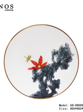 新中式入户玄关装饰画油画客厅背景墙珐琅彩挂画软装设计圆形壁画