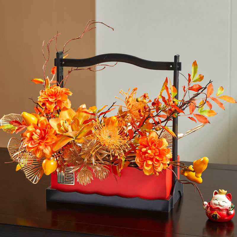 新中式仿真花篮橙色菊花秋叶桌面装饰摆件家居客厅中式风格,家居饰品,仿真花/假花,淘宝优惠券,粉丝福利购,淘宝优惠卷
