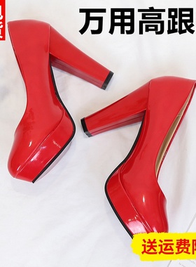 不累脚白色cos万用高跟鞋子女粗跟防水台大码黑色细跟圆头红色lo
