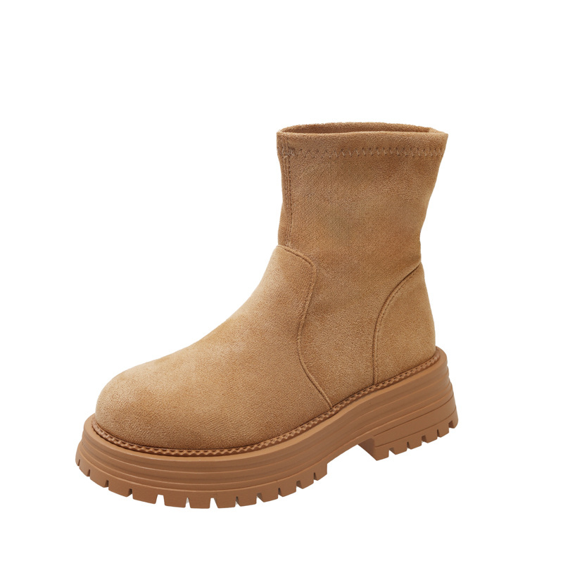 时尚百搭圆头厚底短筒靴子女2025秋冬新款纯色绒面增高显瘦马丁靴