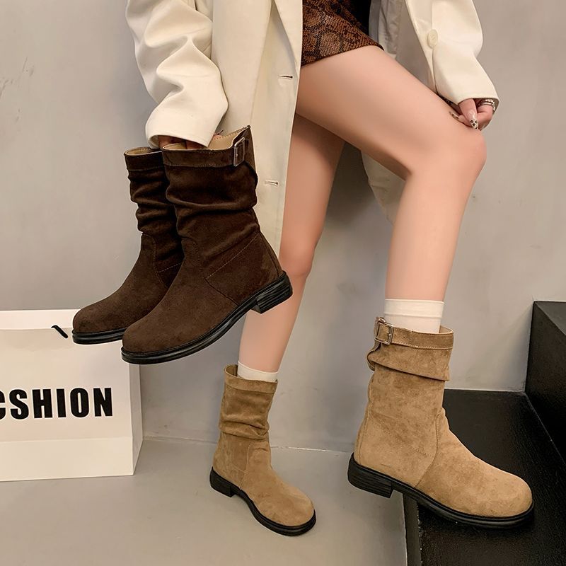 复古中筒牛仔骑士靴女鞋新款秋冬堆堆靴小短靴马丁靴