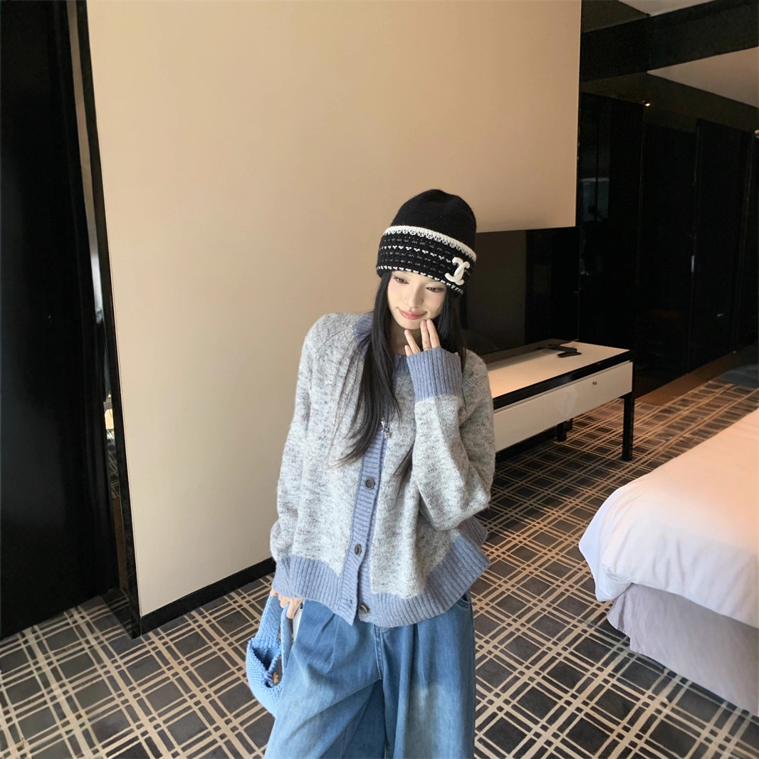 慵懒风宽松毛衣外套女秋冬季2025新款高级感撞色灰色针织开衫上衣