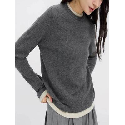 撞色假两件圆领长袖针织打底衫女秋冬慵懒高级感灰色毛衣内搭上衣