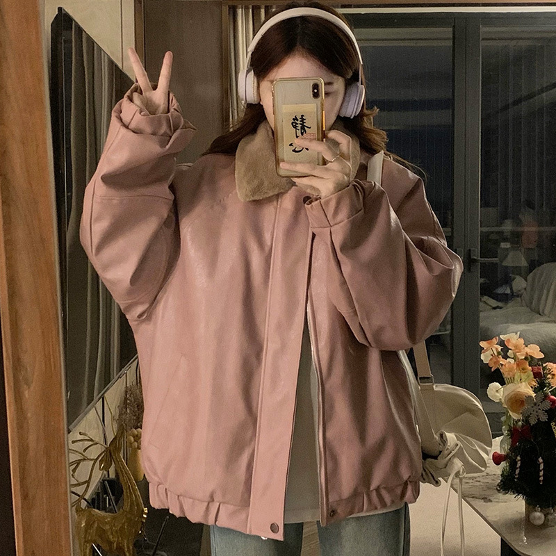 大码美式复古皮毛一体皮外套女冬季新款胖MM显瘦时尚百搭保暖棉衣