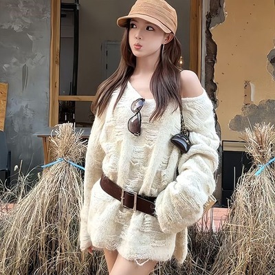 美式慵懒风撕裂感斜肩针织衫上衣女装秋季新款辣妹松弛感穿搭毛衣