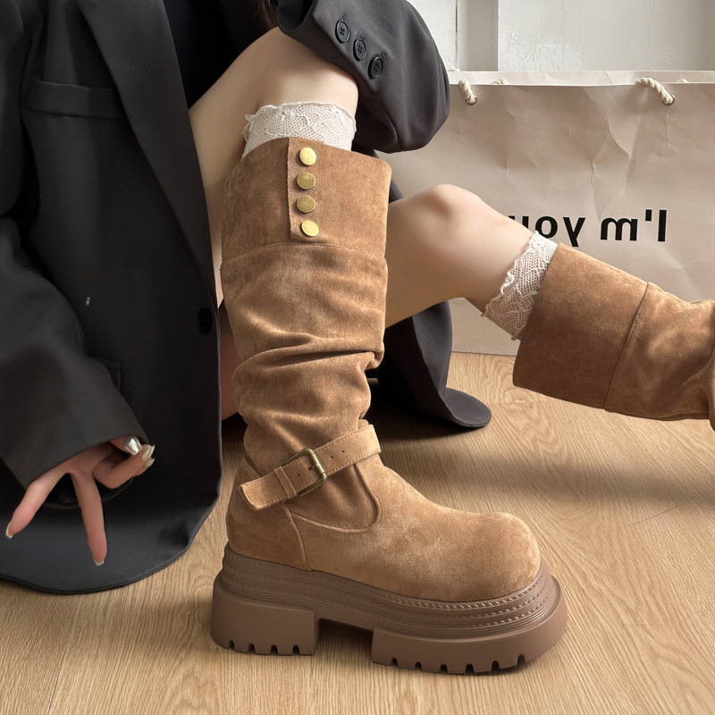 复古西部牛仔长筒靴女2025新款秋冬小个子厚底两穿高筒骑士堆堆靴