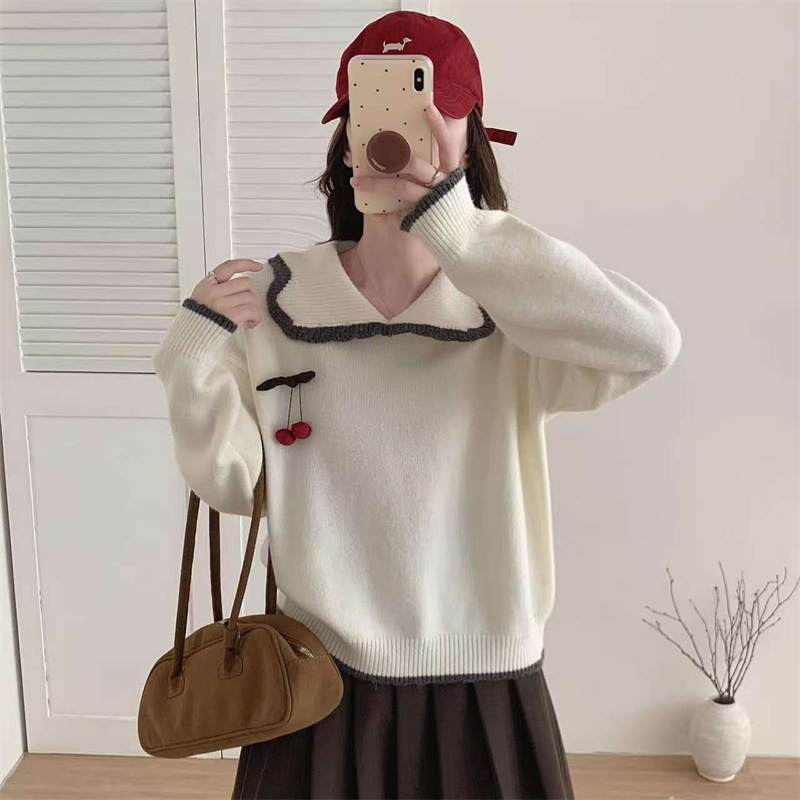 娃娃领樱桃刺绣毛衣女2025秋冬新款宽松慵懒风减龄针织衫洋气上衣