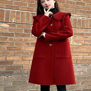 娃娃领双面羊毛大衣女冬季韩版红色中长款减龄小个子宽松毛呢外套