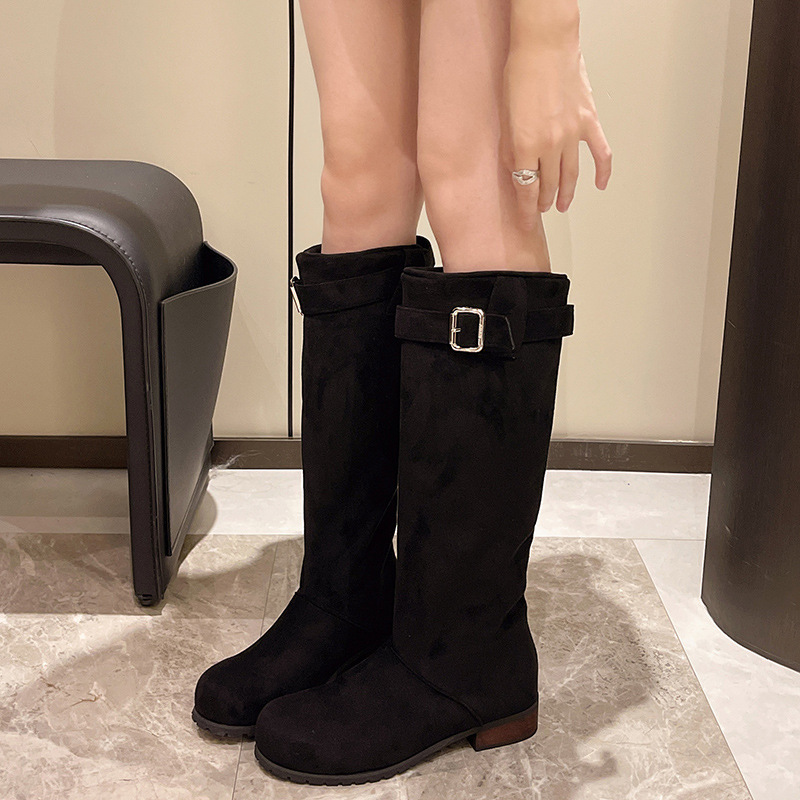 内增高小个子绒面堆堆靴中筒骑士靴女鞋2025新款秋冬季中筒靴子女