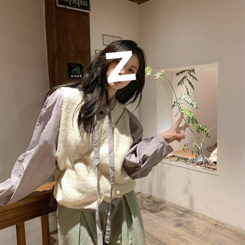 韩系时尚叠穿套装女秋季2025新款打底长袖衬衫针织马甲开衫两件套