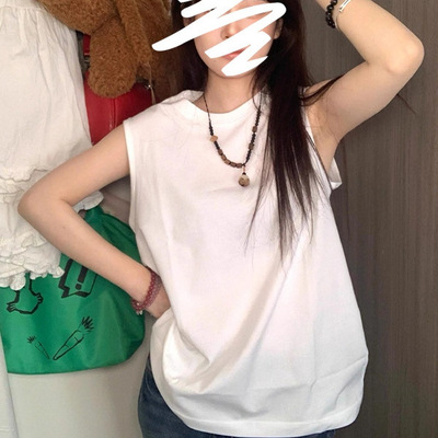 美式白色砍袖背心女夏季外穿宽松坎肩老头衫吊带内搭无袖t恤上衣