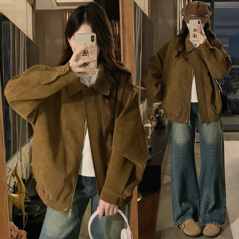大码女装美式复古麂皮绒外套秋季高级感夹克胖MM显瘦宽松百搭上衣