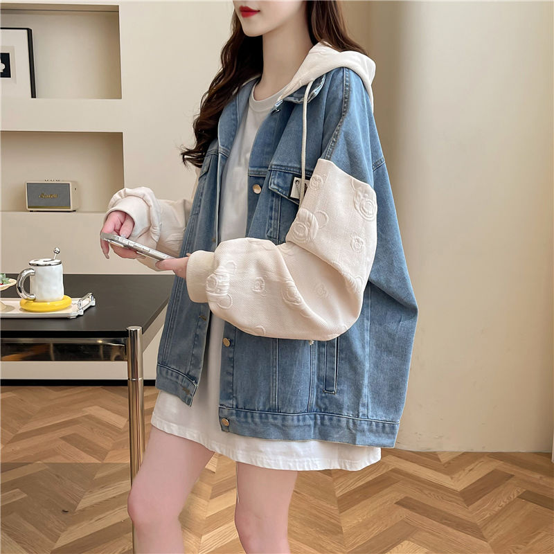 宽松慵懒风牛仔拼接连帽外套女2025年新款秋季洋气减龄设计感开衫